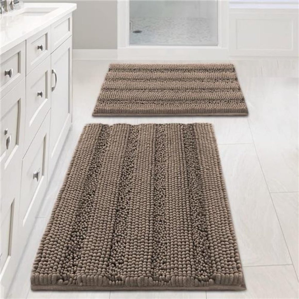 2 Piece Bathroom Set Extra Thick Chenille Striped Pattern Bath Rugs for Bathroom